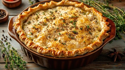 rustic chicken pot pie with golden flaky crust displayed in ceramic baking dish with fresh herbs and spices around