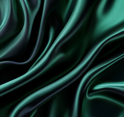 Fototapeta premium Aventurine green and black silk fabric background. Glittering drapery folds, with gradient light and shadow interplay. Elegant blank design.