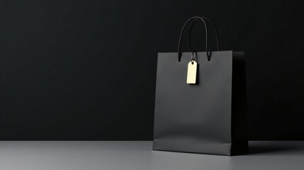 Elegant Black Shopping Bag with Gold Tag on Dark Background