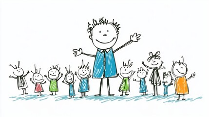 Fototapeta premium Happy Group of Children and a Smiling Leader in a Sketch Style Artwork Representing Unity and Joy