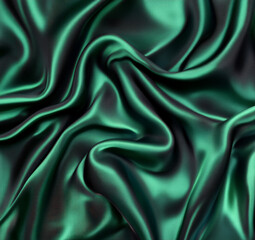 Fototapeta premium Aventurine green and black silk fabric background. Glittering drapery folds, with gradient light and shadow interplay. Elegant blank design.
