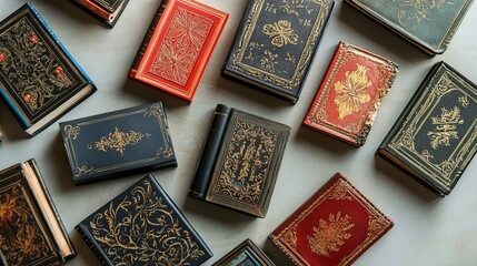 A collection of hardcover books with decorative covers on a light gray table