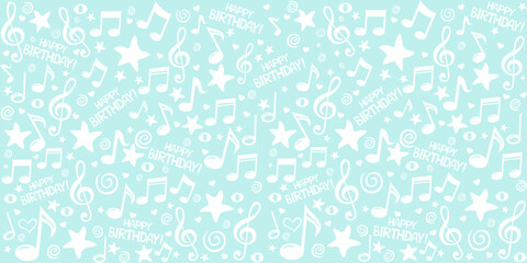 Happy birthday! Seamless mint pattern wallpaper of colorful musical notes, gift box, stars, hearts. Horizontal posters, greeting cards, header, website. vector Illustration