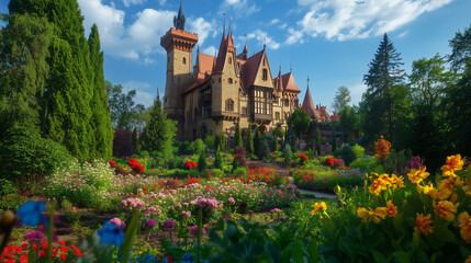 Enchanting european castle with colorful gardens and towering trees under a sunny sky