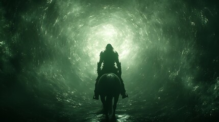 Obraz premium Silhouetted knight on horseback riding into a swirling green vortex.