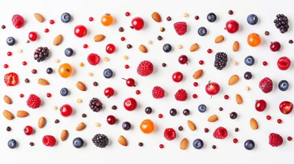 Vibrant Flat Lay of Berries, Almonds, and Seeds.