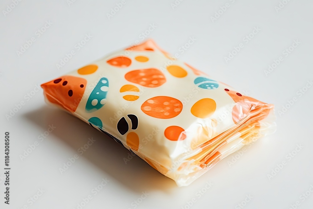 Poster small pack of string cheese with playful design photographed on pristine white background with ample