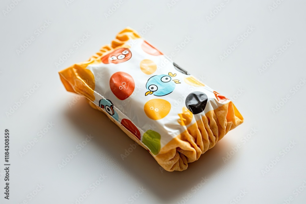 Poster small pack of string cheese with playful design photographed on pristine white background with ample
