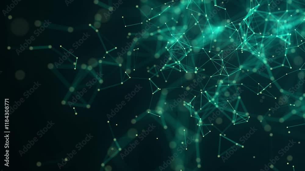 Poster Blue abstract background with connection lines, dots and triangles. Technology network connection. Digital structure of particles. 3D rendering.