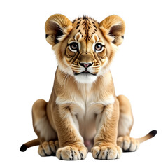 A young lion cub with a golden coat and piercing eyes