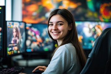 smiling young female game developer sitting at her workstation surrounded by multiple screens
