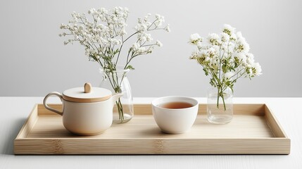 A light wooden tray with a teapot and cup, accompanied by a small vase of fresh flowers