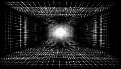 Naklejka premium Abstract grid background with pulsating white dots on a deep black surface design