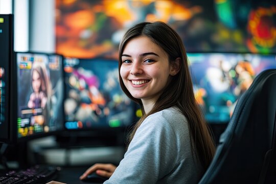smiling young female game developer sitting at her workstation surrounded by multiple screens