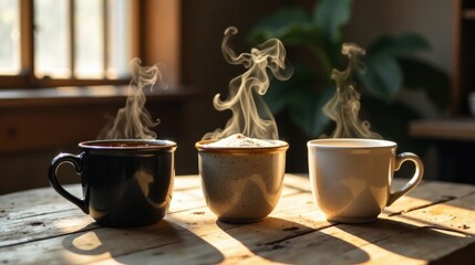 Warm Beverages on Rustic Wooden Table in Sunlight