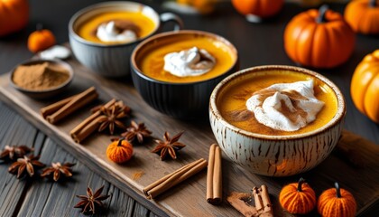 Cozy Autumn Scene with Pumpkin Spice Beverages and Decorative Mini Pumpkins on Wood