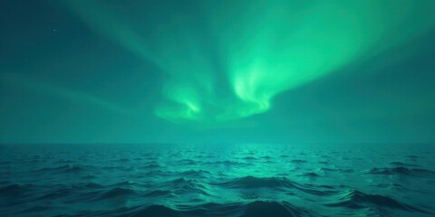 Naklejka premium Serene Ocean Waves Under a Vivid Emerald Aurora Borealis Display