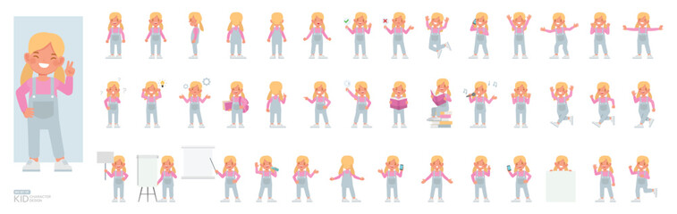Set of kid character vector design. Girl wear blue denim jumpsuit. Presentation in various action with emotions, running, standing and walking.