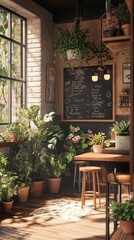 A cozy cafÃ© with a chalkboard menu, potted plants, and vintage decor
