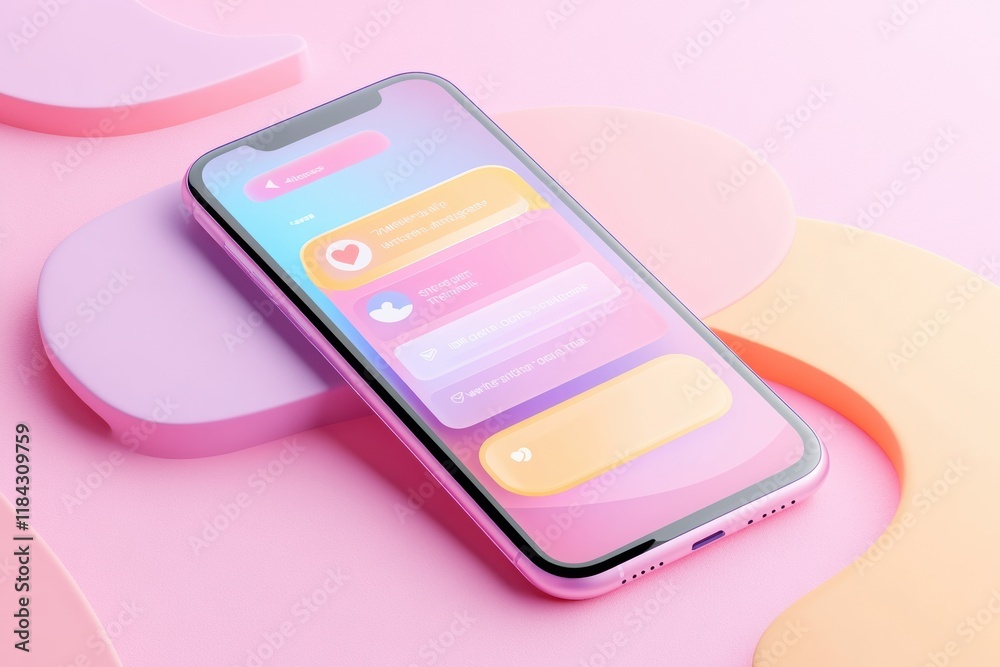 Aufkleber Close up view of a modern smartphone displaying a colorful messenger chat on a pastel background. Generative AI