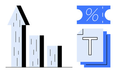 Bar chart with upward arrow showing growth trend, alongside percentage discount coupon and paper stacks. Ideal for business growth, economics, marketing, sales, promotions, performance, finance