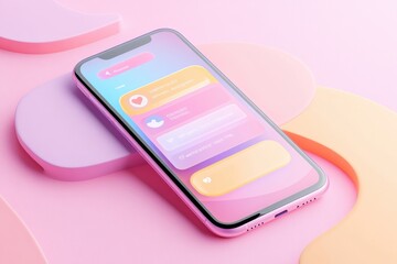 Close up view of a modern smartphone displaying a colorful messenger chat on a pastel background. Generative AI