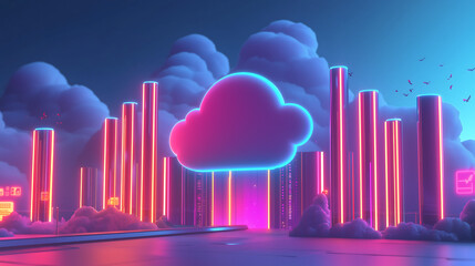 Obraz premium Stylized 3D render depicting a neon cloud symbol amidst glowing columns resembling a futuristic data center or digital landscape Pink and blue hues dominate the scene