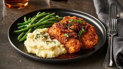 Fototapeta premium Crispy Golden Fried Chicken Served with Creamy Mashed Potatoes and Fresh Green Beans on a Stylish Plate