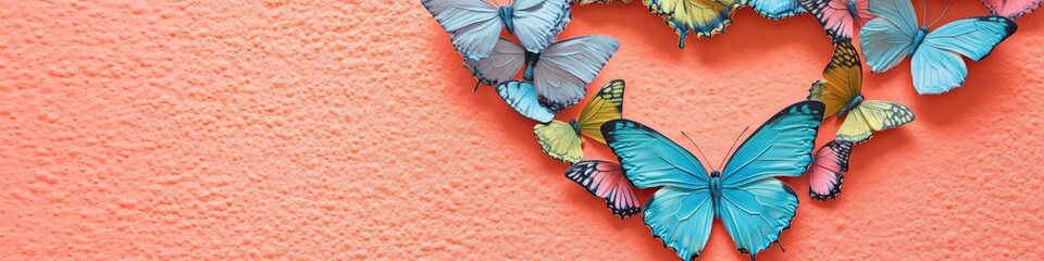 whimsical pastel butterfly pattern forming shape of heart on smooth coral surface