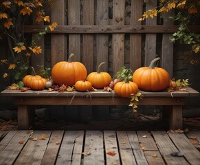 Autumn still life with pumpkins and leaves on a rustic wooden bench, natural, leaves, pumpkins