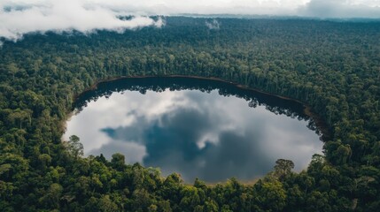 aerial shot of lake surrounded by dense forest with water reflecting clouds above