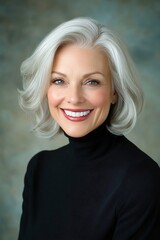 Fototapeta premium Elegant Portrait of a Smiling Woman with Gray Hair Against a Soft Background