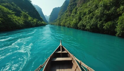 Obraz premium point of view, traditional boat passing through river with blue water with beautiful view