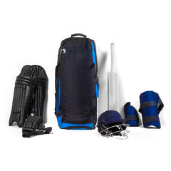 black and blue cricket full size kit bag isolated on white background