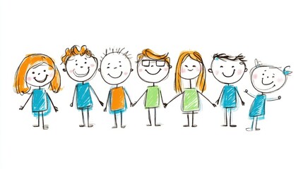 Obraz premium Colorful Hand-Drawn Characters Holding Hands in Unity and Friendship in Diverse Group Setting