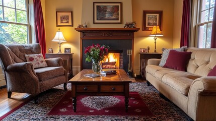 A cozy living room setup with plush sofas, a coffee table, and a roaring fireplace