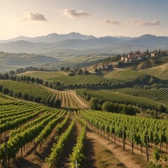 Rolling hills of vineyards in Langhe with a distant mountain range, langhe, italy