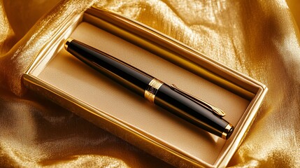 A luxury pen in an open case on a golden background, room for text