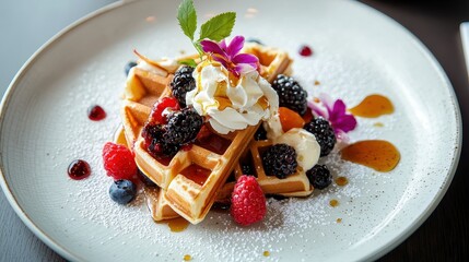 Freshly Made Waffles Topped with Golden Syrup and Fresh Berries, Garnished with Whipped Cream and Mint Leaves