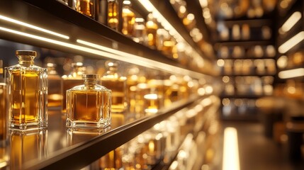 A luxury perfume shop with glass bottles of fragrances arranged neatly