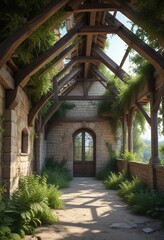 wooden beams and rafters of an old castle with overgrown vegetation, wooden, vegetation