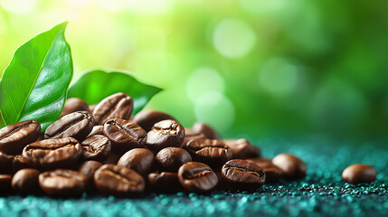 Obraz premium Roasted coffee beans with fresh green leaves on a vibrant background.