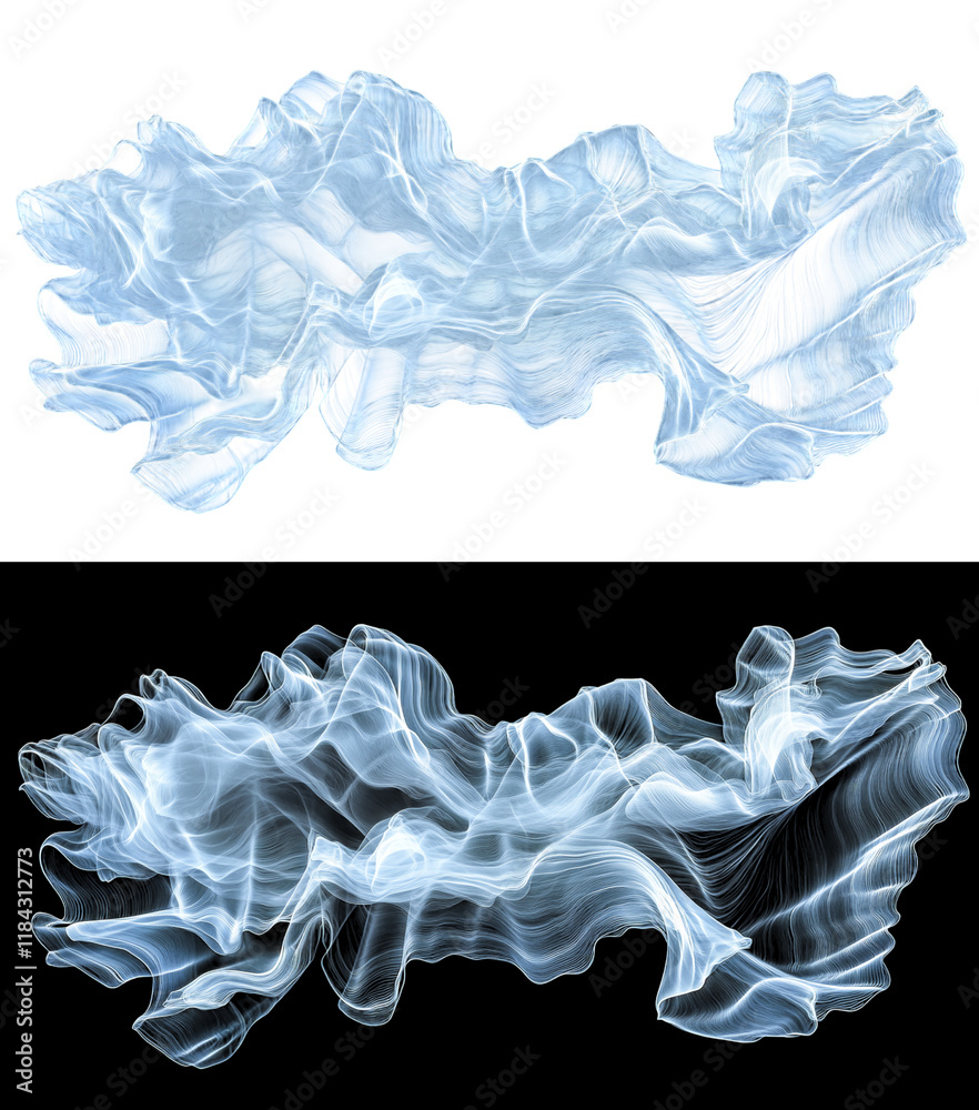 Poster abstract light blue flowing fabric-like waves with intricate textures. transparent background, png i