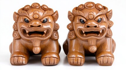 Wooden Guardian Lions Carvings for Home Decor and Cultural Display