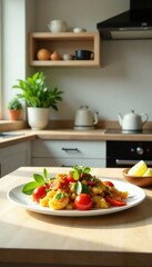 Bright empty table, soft-focus kitchen setting, peaceful, mockup, cooking