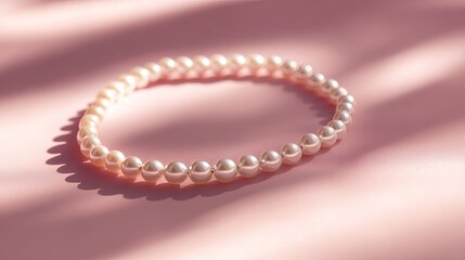 Fototapeta premium A delicate pearl anklet resting on a soft pastel pink surface, with subtle shadows enhancing its elegance