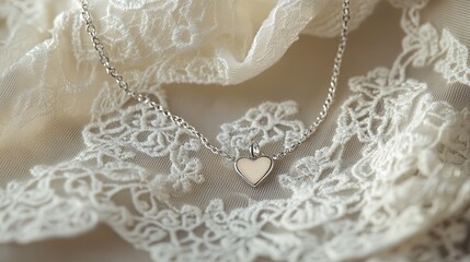 Obraz premium A delicate silver bracelet with a heart charm, displayed on a background with a lace handkerchief