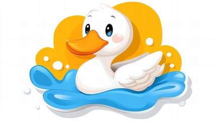 Adorable cartoon duckling enjoying a swim in bright blue water against a sunny yellow background.