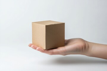 Close-up of a hand holding a cardboard box on a white background. Isolated mockup template with a female arm showing the side view of a small square package, suggesting a delivery service concept.