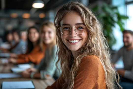 Young happy start up team analyzing mind map during business meeting in office. Generative AI